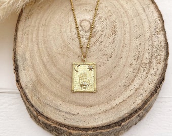 Collar de amuleto bañado en oro con mano y ojo protectores / joyería étnica bohemia