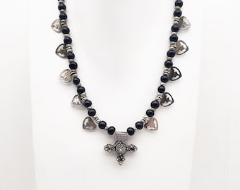 Ancient Berber necklace Cross of Boghdad, black onyx and real silver beads / South Morocco / Vintage Jewelry