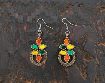 Pendientes Kuchi vintage, cabujones de vidrio verde, amarillo y naranja / Joyería étnica Boho Afgana