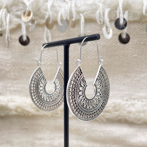 Large ethnic hoop earrings in silver plated with antique finish / Boho ethnic boho tribal jewelry