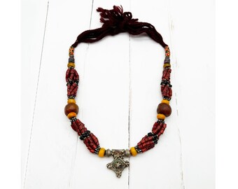 Ancient Berber necklace with Boghdad Cross, 2 real tribal barter beads, multi beads / South Morocco / Vintage boho jewelry