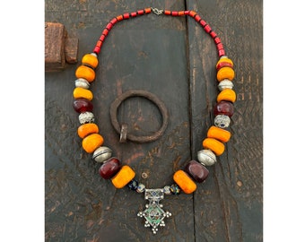 RARE PIECE Old Berber necklace with enameled Boghdad Cross / South Morocco / Vintage boho jewelry