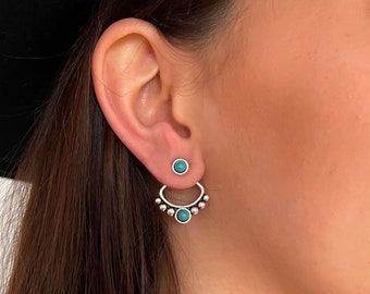 pendientes minimalistas de chaqueta de oreja plateada y cabujón de howlita turquesa, joyería boho Yoga boho