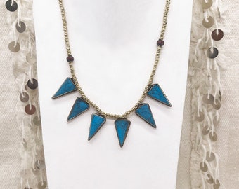 Kuchi necklace with turquoise triangle pendants, brass beads and wooden beads / Afghan boho ethnic boho jewelry