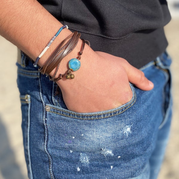 Trio Bracelet homme Bracelet brésilien rond Bracelet cuir et coton ciré Bracelet perle en céramique bleu  / Bijoux Bohème ethnique boho surf