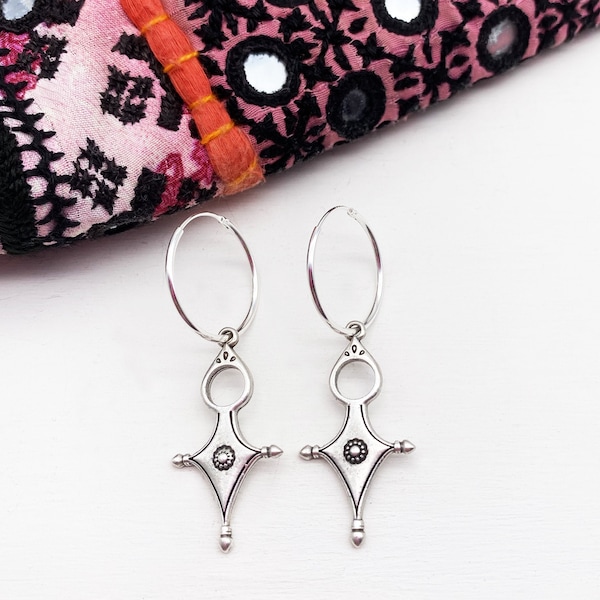 Creole earrings in 925 silver and Berber Southern cross / Ethnic boho gypsy jewelry