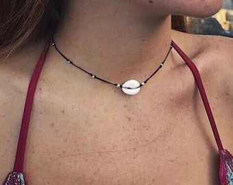 Cowrie shell necklace on adjustable black link / Boho ethnic