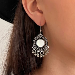 Round mirror and bell earrings / Ethnic boho tribal jewelry