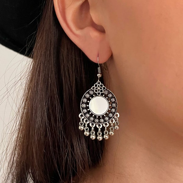 Round mirror earrings and bells / Tribal boho ethnic jewelry