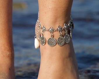 Berber silver coin anklets / Boho gypsy ethnic bohemian natural mother-of-pearl jewelry