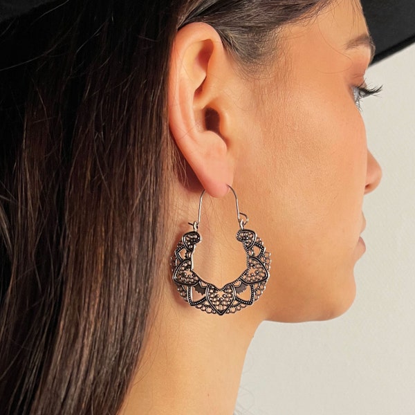 Mandala hoop earrings silver plated antique finish / Boho ethnic bohemian jewelry