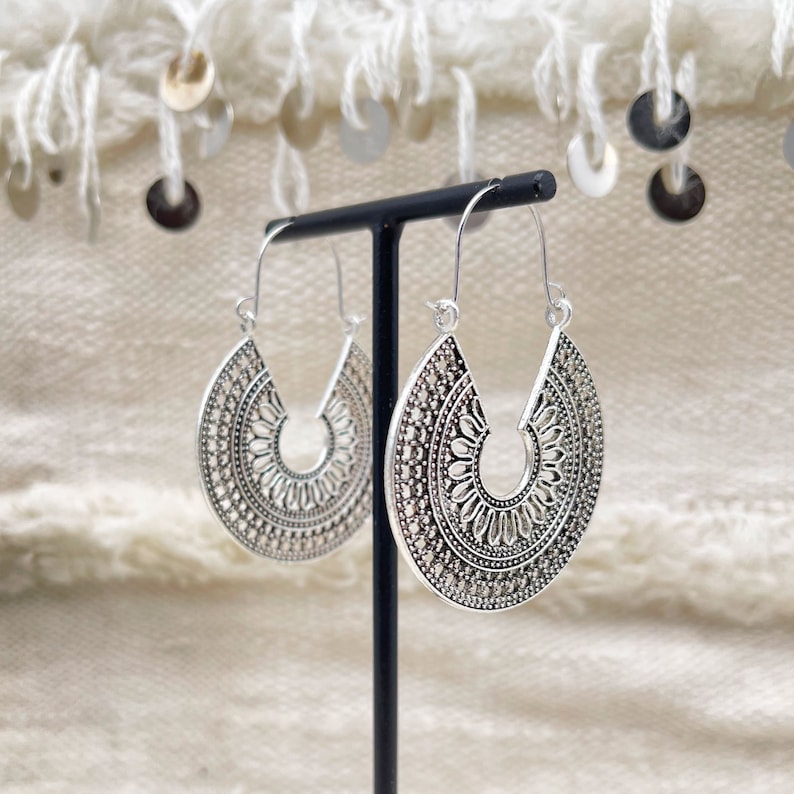 Large ethnic hoop earrings in silver plated with antique finish / Boho ethnic boho tribal jewelry image 1