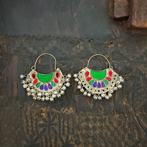 Afghan craft earrings, half moon in blue, red, green glass and bells / Boho ethnic bohemian jewelry image 1