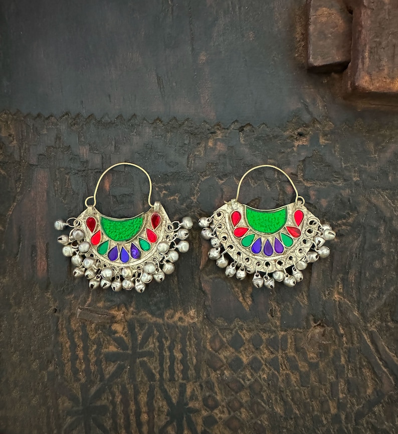 Afghan craft earrings, half moon in blue, red, green glass and bells / Boho ethnic bohemian jewelry image 1