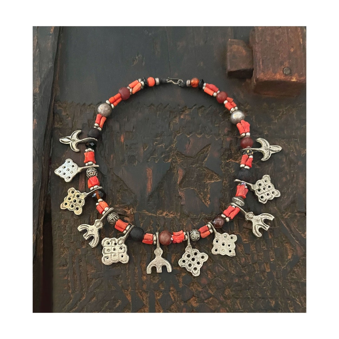 Collier Ancien Perles Boulle En Corne Véritable - Bijou Ethnique/vintage, Couleur Beige, Occasion