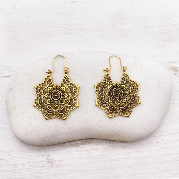 Gold Mandala earrings with antique finish / Boho ethnic bohemian jewelry