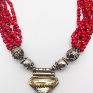 collier pendentif Vintage Argent Corail Email Berbere Amazigh Ancien Ethnique - Vendu