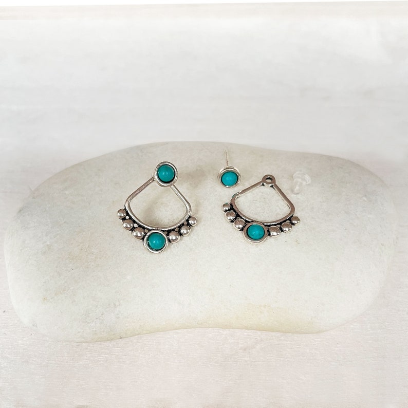 minimalist silver-plated ear jacket earrings and turquoise howlite cabochon, boho Yoga boho jewelry image 3