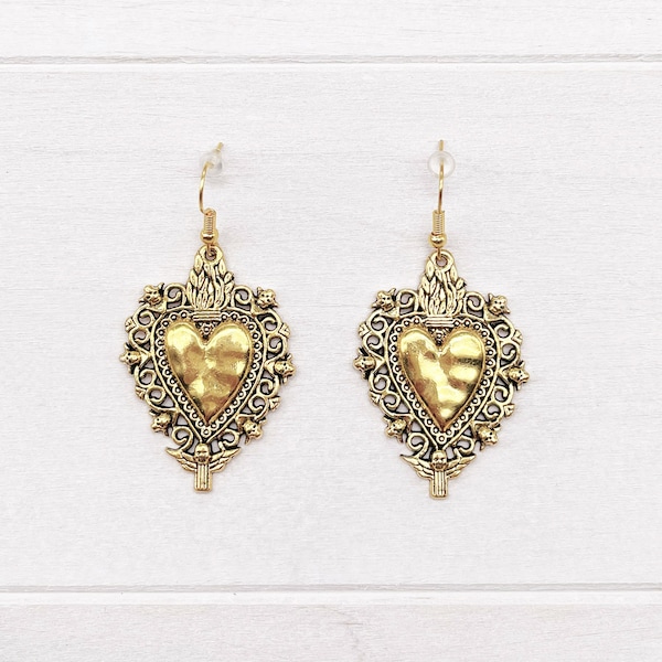 Gold plated Milagros Mexican heart earrings / Boho gypsy ethnic boho jewelry