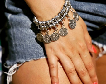 Bracelet bohème pièces de monnaie en argent berbère 2 rangs /  Bijoux Bohème gypsy ethnique boho