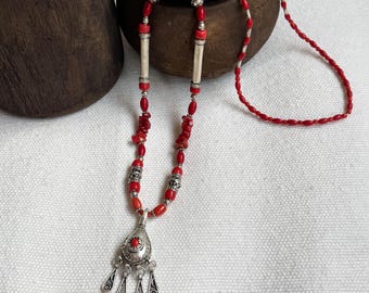 Boho necklace, Berber pendant, coral and silver beads / unique piece, handmade by Katerina / Ethnic jewelry