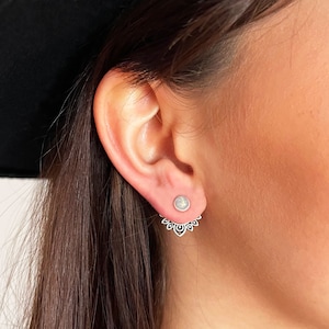 Minimalist Mandala ear jacket earrings in silver plated and opal-colored cabochon, boho Yoga boho jewelry