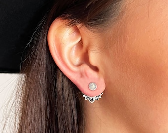minimalist Mandala ear jacket earrings silver plated and opal colored cabochon, boho Yoga boho jewelry