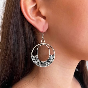 Silver earrings engraved ethnic patterns / Boho ethnic boho jewelry