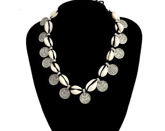 Boho Summer Breathe necklace / / / shell cowrie + coins / / / Boho cowrie shell beach necklace