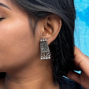 Boho earrings Rectangular medallion decorated with ethnic patterns and bells / Indian boho jewelry ethnic boho jewelry
