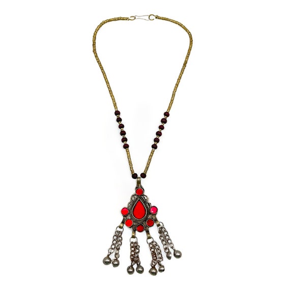 Kuchi necklace pendant red cabochons and bells, b… - image 4