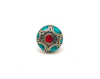 Adjustable ethnic ring from Nepal - real stone - Turquoise and coral / boho jewelry