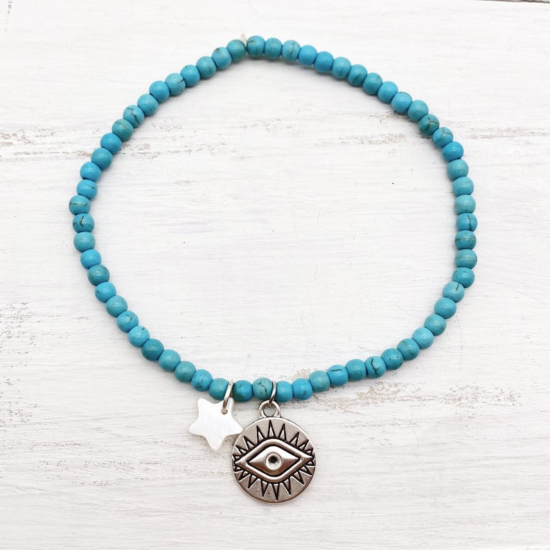 Bracelet Fait Main En Perles Howlite Turquoise, Rouge, Nacre Et Turquoise Nuggets - Taille Sur Mesure (8mm)