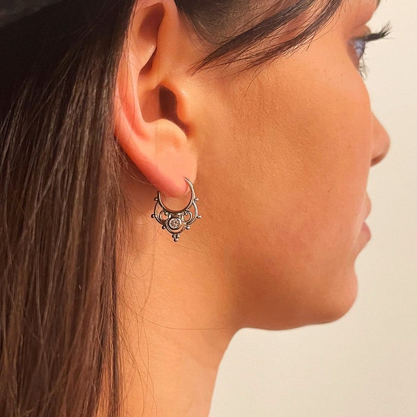Mandala minimalist hoop earrings, huggie earrings, solid silver, women's gift, boho earrings, boho earrings, boho