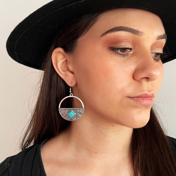 Ethnic pattern earrings, silver plated and turquoise / Boho ethnic boho jewelry