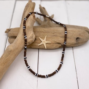 Men's necklace Natural coconut beads, white and black Heishi beads / Boho ethnic boho surf jewelry