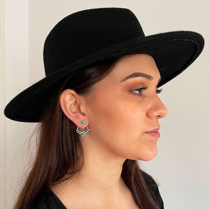 minimalist silver-plated ear jacket earrings and turquoise howlite cabochon, boho Yoga boho jewelry image 2