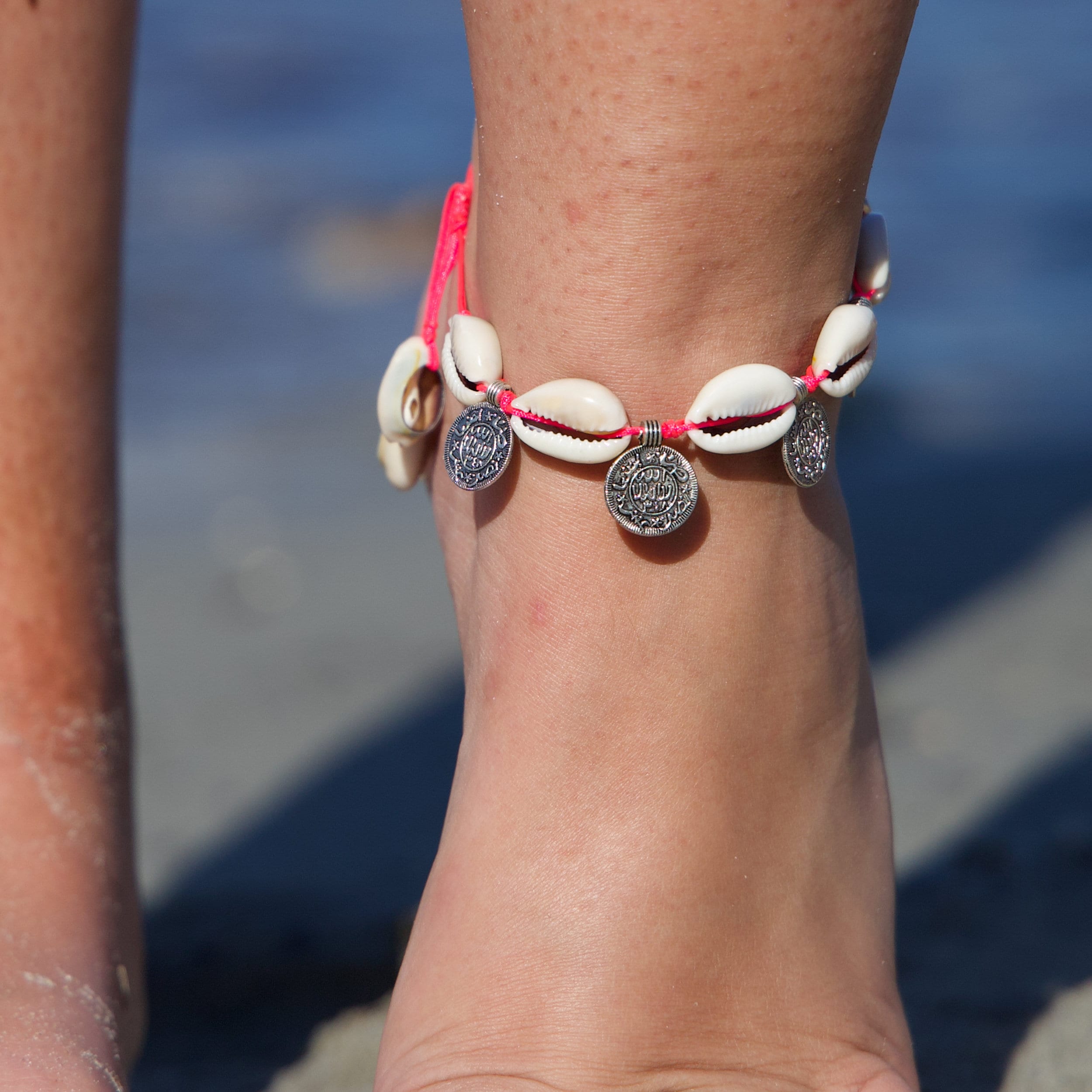 Ankle Bracelet in Cauri Shells and Coins on Neon Pink Link / - Etsy