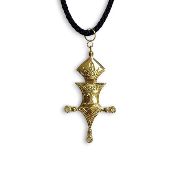 Large Tuareg Cross Pendant Necklace, Gold-plated and Engraved With