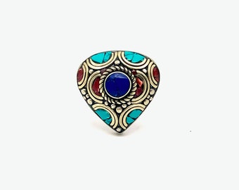 Adjustable ethnic ring from Nepal - real stone - Turquoise - Lapis Lazuli and Coral / boho jewel