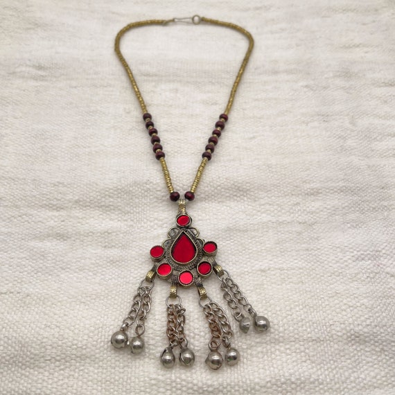 Kuchi necklace pendant red cabochons and bells, b… - image 1