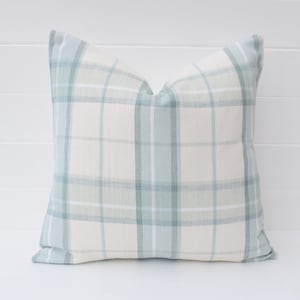 Laura Ashley Highland Check Duck Egg Cushion, Duck Egg / Pistachio Pillow with Austen Off White back, Handmade with a zip fastening