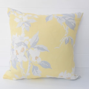 Laura Ashley Yellow Floral Cushion, Apple Blossom Sunshine Pillow backed in Austen Off White, Handmade with a zip fastening.