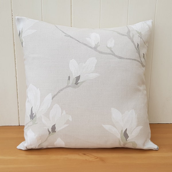Laura Ashley Natural Floral Cushion, Magnolia Grove, backed in Laura Ashley Austen Natural, Handmade with a Zip Fastening