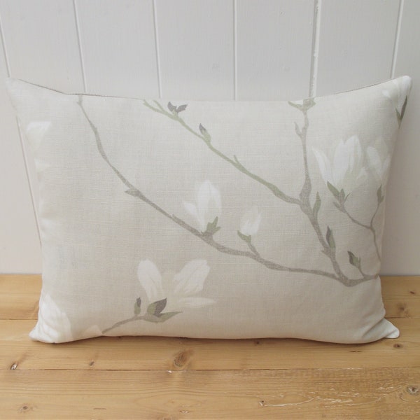 Laura Ashley Floral Cushion, Magnolia Grove,  Rectangle backed in Austen Natural, Handmade with a Zip Fastening