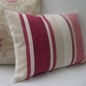 Laura Ashley Red Stripe Cushion, Awning Stripe Pale Cranberry Fabric, backed in Laura Ashley Austen Off White, Handmade with a Zip Fastening