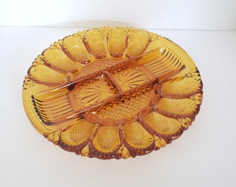 Vintage Amber Pressed Glass Plate Deviled Egg Platter