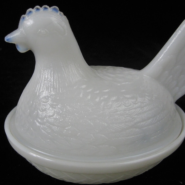 Vintage Milk Glass Hen On Nest Covered Dish - Clear Comb and Beak- 1950's