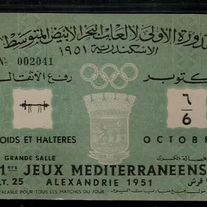 Mittelmeerspiele Alexandria Ägypten 1951 ORIGINAL Ticket Gewichtheben 6/10/1951 Sehr Selten!!! Sehr schön!!! KOSTENLOSER VERSAND!!!!