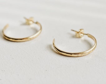 14k Gold Filled Handmade Hammered Hoop Earrings, Gift For Her, 20mm Gold Stacker Hoops, Minimal Gold Filled Hoops, Chunky Hammered Hoops